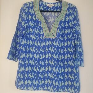 Vineyard Vines Sz S linen/viscose embroidered neck "PARROT"🦜 print c-up blouse